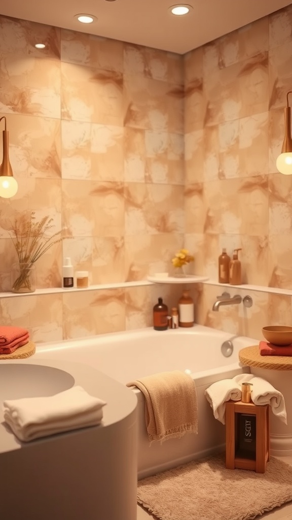 A cozy bathroom with warm-toned tiles, a spacious bathtub, soft lighting, and natural elements.