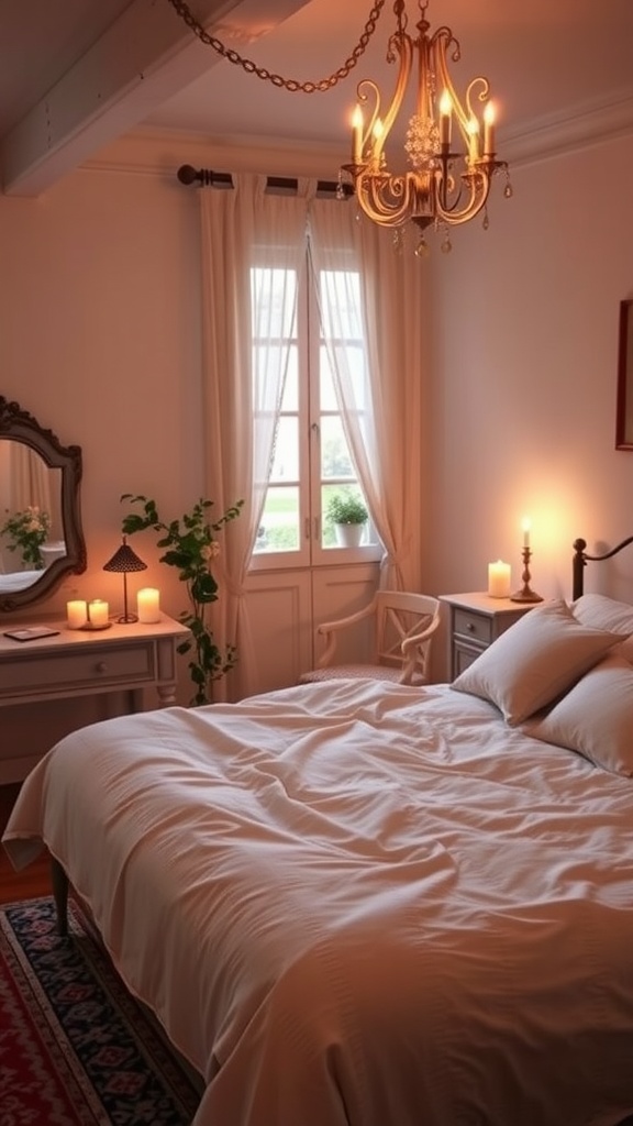 A cozy French cottage bedroom featuring soft lighting from a chandelier and candles on the nightstand, with a bed dressed in white linens.