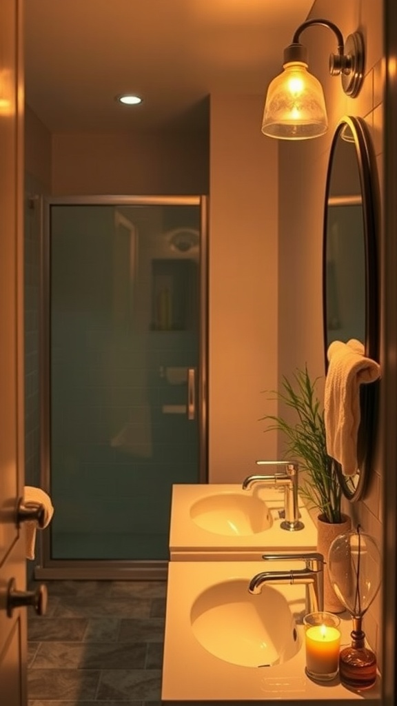 A small bathroom featuring soft lighting, a double sink, and a candle for a cozy atmosphere.