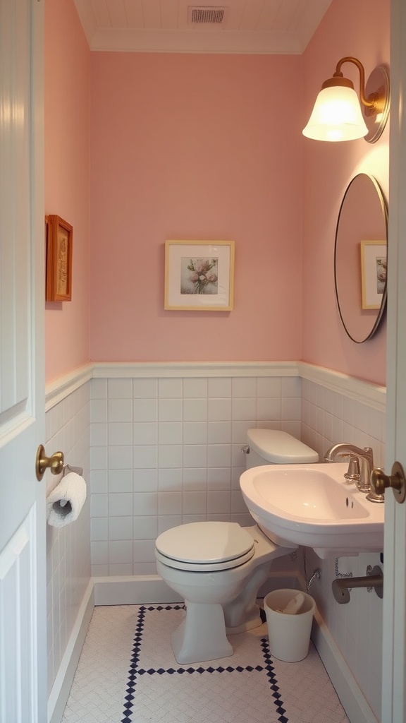 A small bathroom with pastel pink walls and white wainscoting, featuring a round mirror and a classic sink.