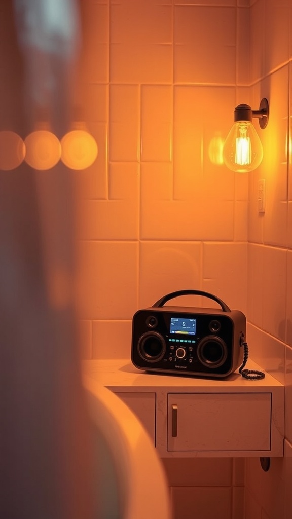 A cozy bathroom with a music system and warm lighting.