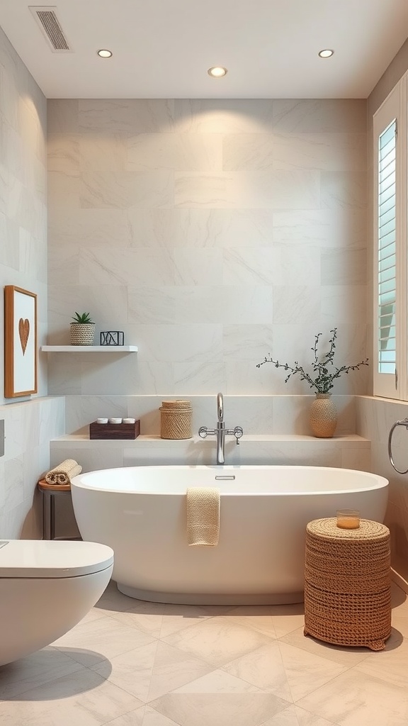 A soothing ensuite bathroom featuring neutral tones, a freestanding bathtub, and natural decor elements.