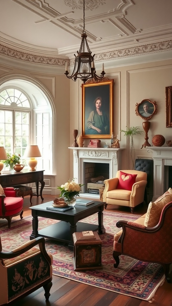 A sophisticated old English living room with elegant furniture and rich accent colors.