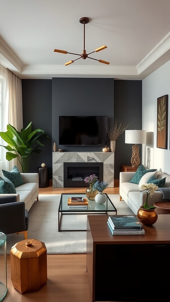 A stylish living room featuring elegant furniture and carefully arranged accessories, including cushions, a coffee table, and decorative items.