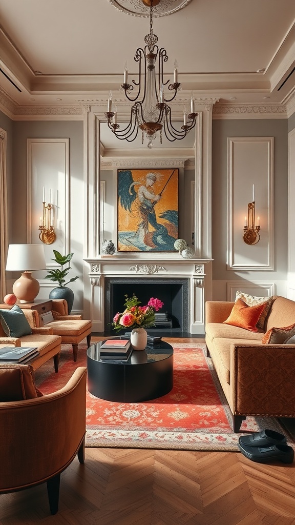 An elegant living room featuring a chandelier, comfortable seating, and an art piece above the fireplace.