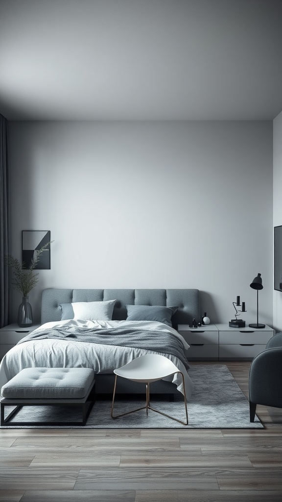 A modern bedroom with gray tones featuring a bed, bedside tables, and a cozy chair.