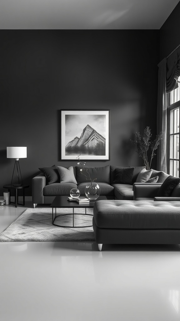 A stylish living room featuring a dark gray couch against dark walls, complemented by a light gray floor and minimalist decor.