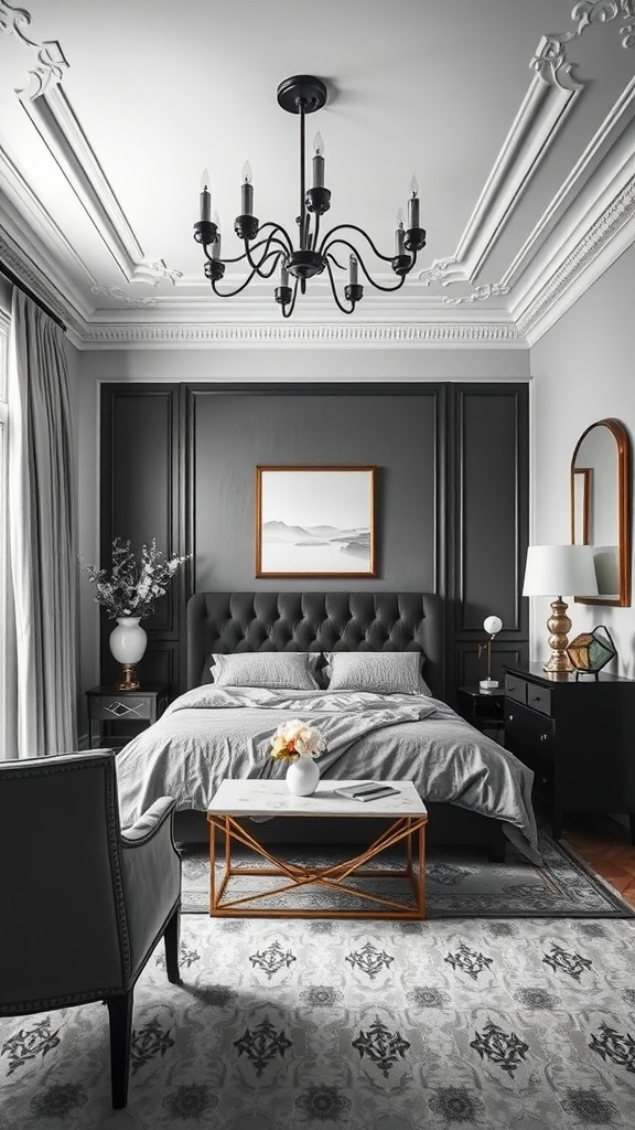 A stylish monochrome bedroom featuring a tufted headboard, elegant chandelier, and carefully coordinated decor.