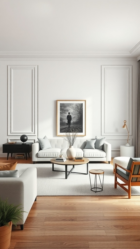 A stylish living room featuring neutral tones with grey sofas, a wooden coffee table, and a black-and-white framed photo on the wall.