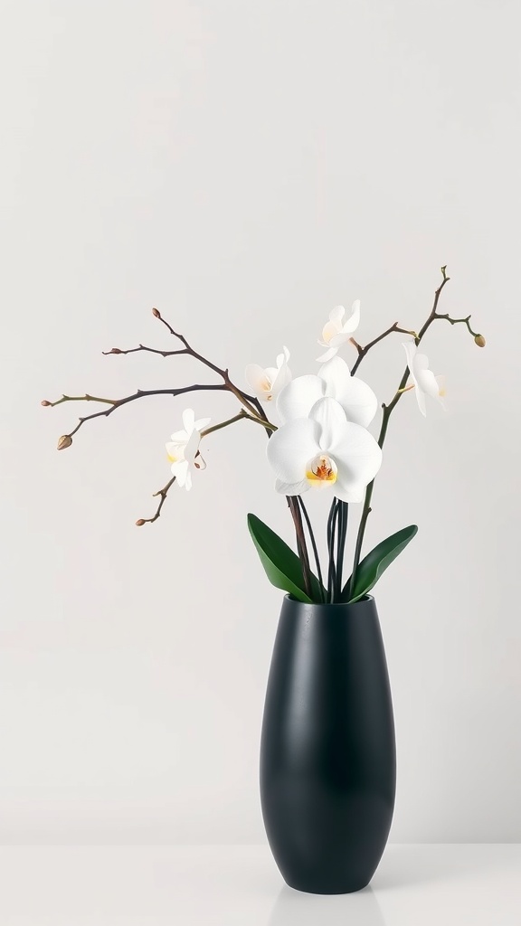 A sophisticated orchid flower arrangement in a sleek black vase