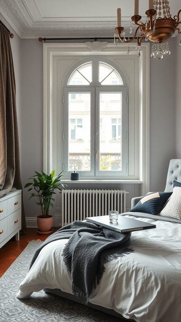 A sophisticated French style bedroom with a chandelier, large window, cozy bedding, and a plant