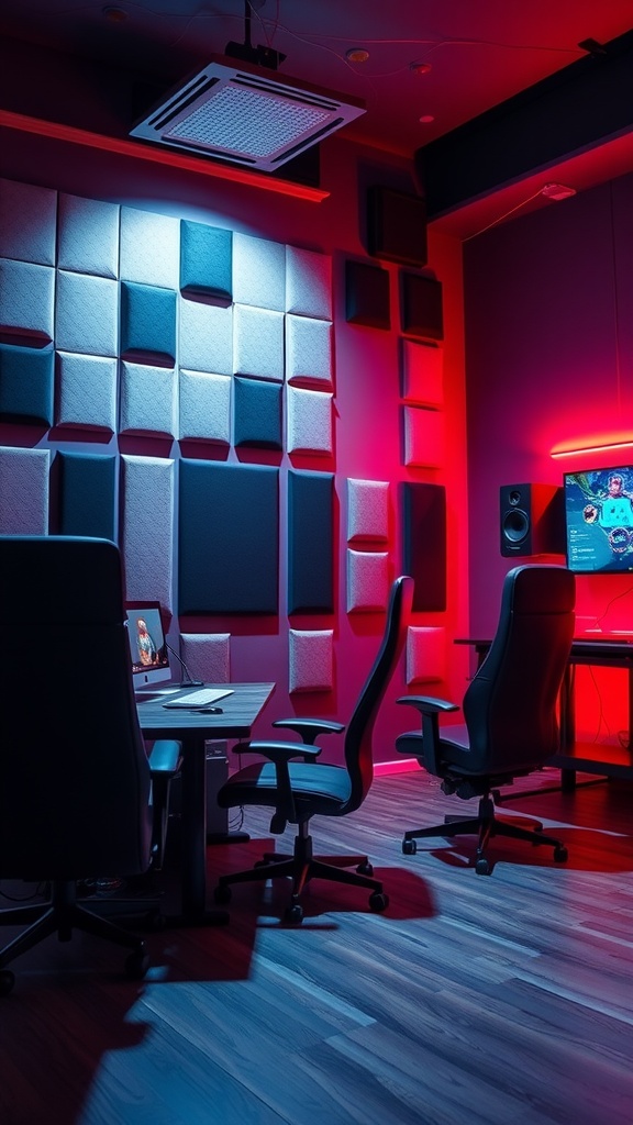 Couple gaming room setup featuring soundproof walls and gaming chairs.