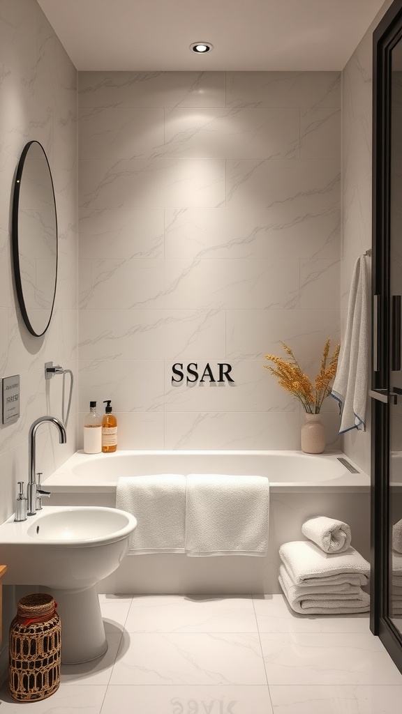 A minimalist small bathroom with a bathtub, a round mirror, and natural decor elements.