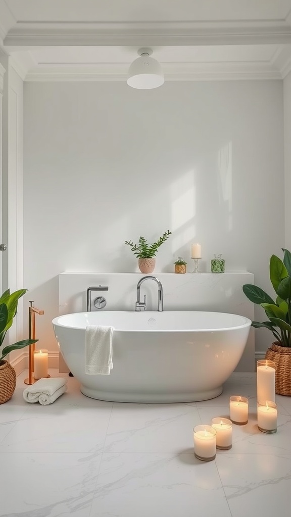 A serene bathroom with a freestanding bathtub, candles, and plants, creating a spa-like atmosphere.