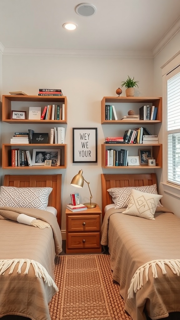 A cozy shared bedroom with two twin beds, space-efficient shelving above, and warm decor.