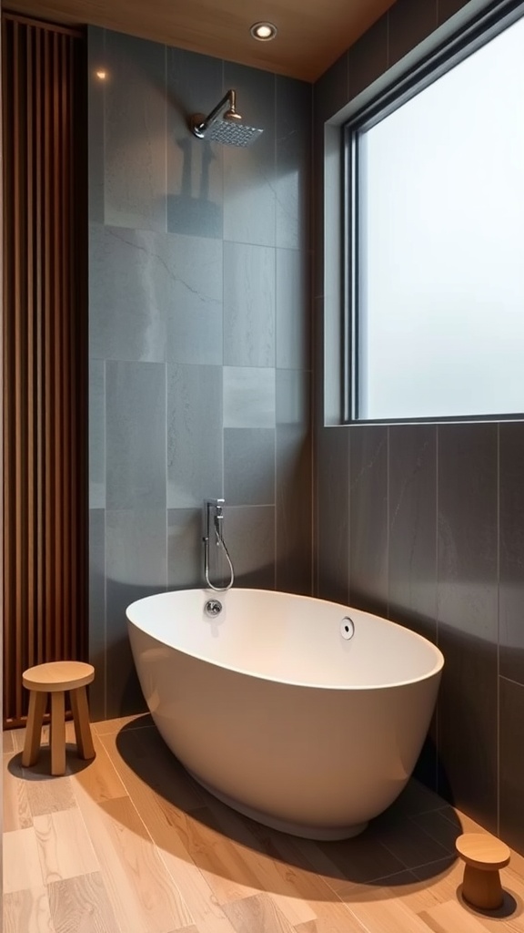 A modern Japanese bathroom featuring a space-saving oval bathtub, wooden accents, and a large window.