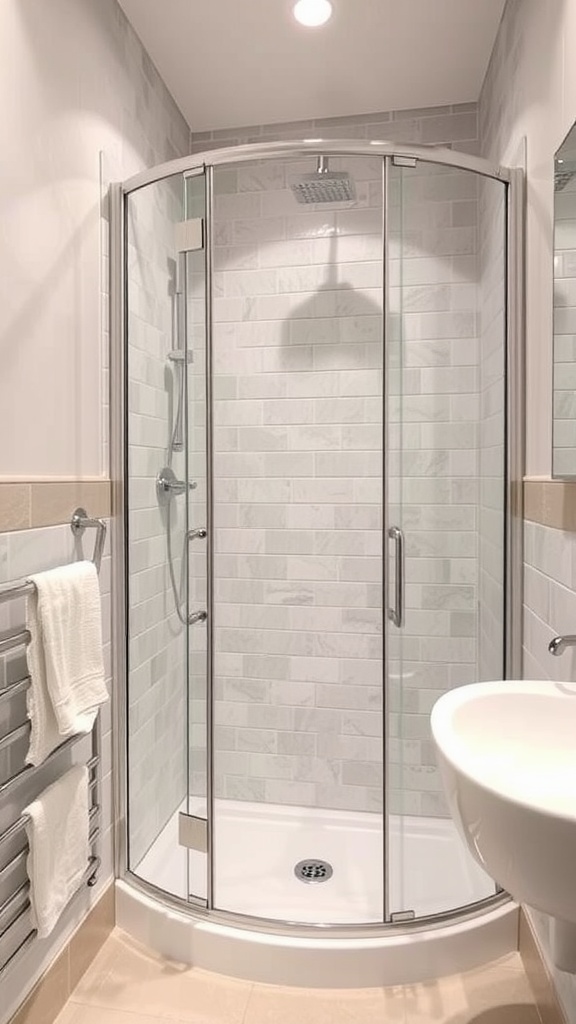 A modern corner shower with glass enclosure in a small bathroom