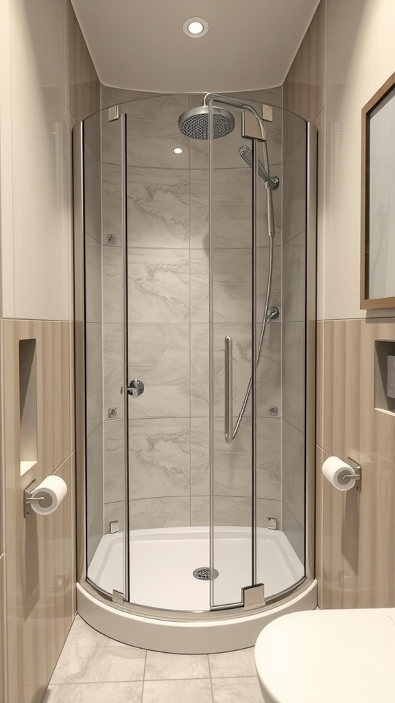 A compact corner shower in a small bathroom with modern fixtures and light-colored tiles.