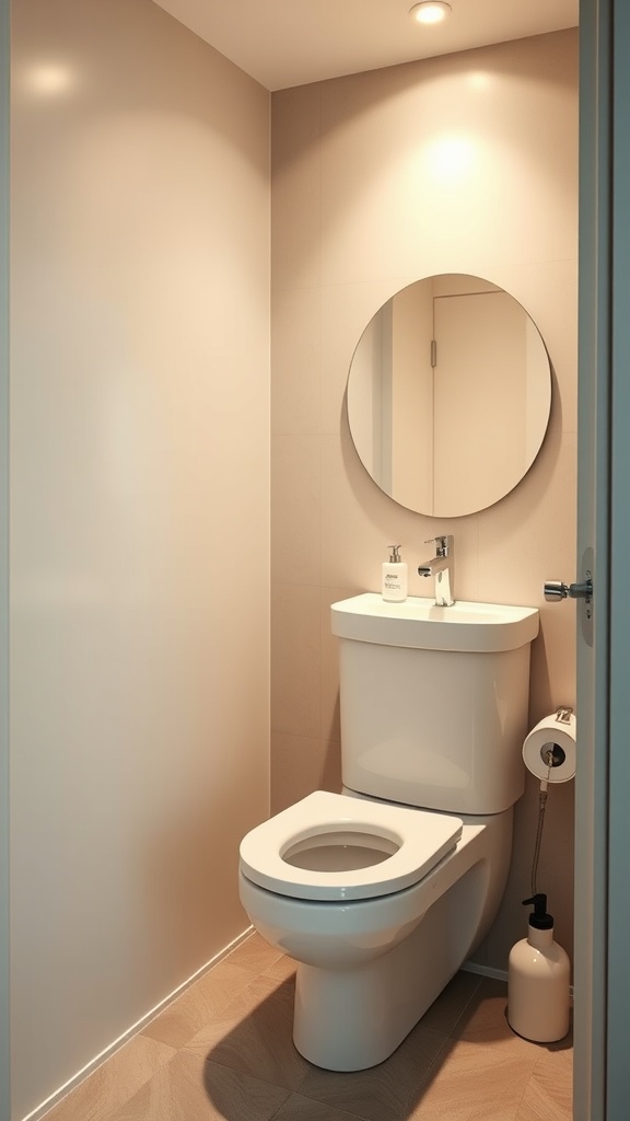 A small toilet room featuring a modern toilet, a small sink, and a circular mirror on the wall.