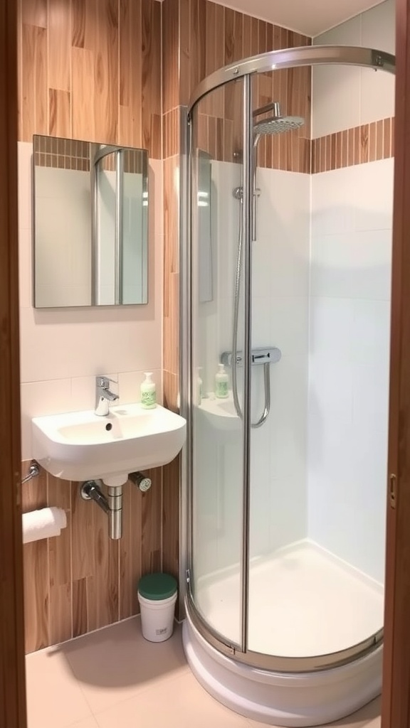 Compact bathroom featuring a corner shower, wall-mounted sink, and warm wood accents.