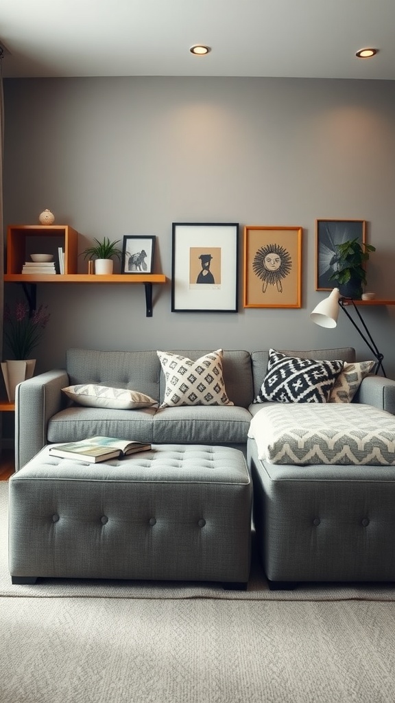 A modern dorm living room featuring a sectional sofa, multifunctional ottoman, and wall-mounted shelves with decor.