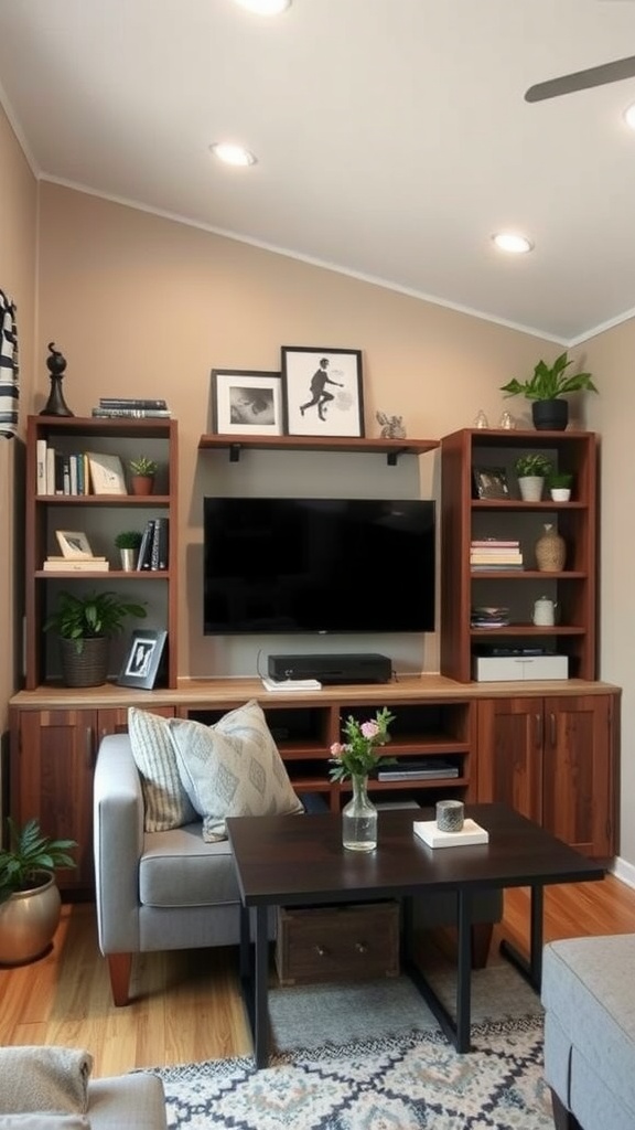 Cozy trailer house living room with space-saving shelving units and a TV