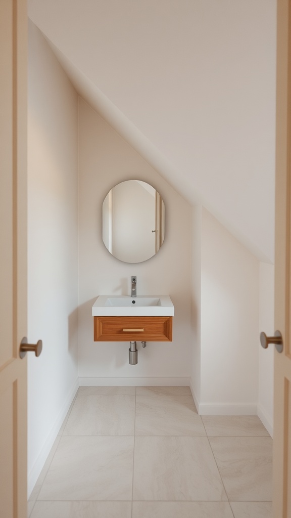 A small bathroom with a slanted ceiling featuring a compact wall-mounted vanity and a round mirror.