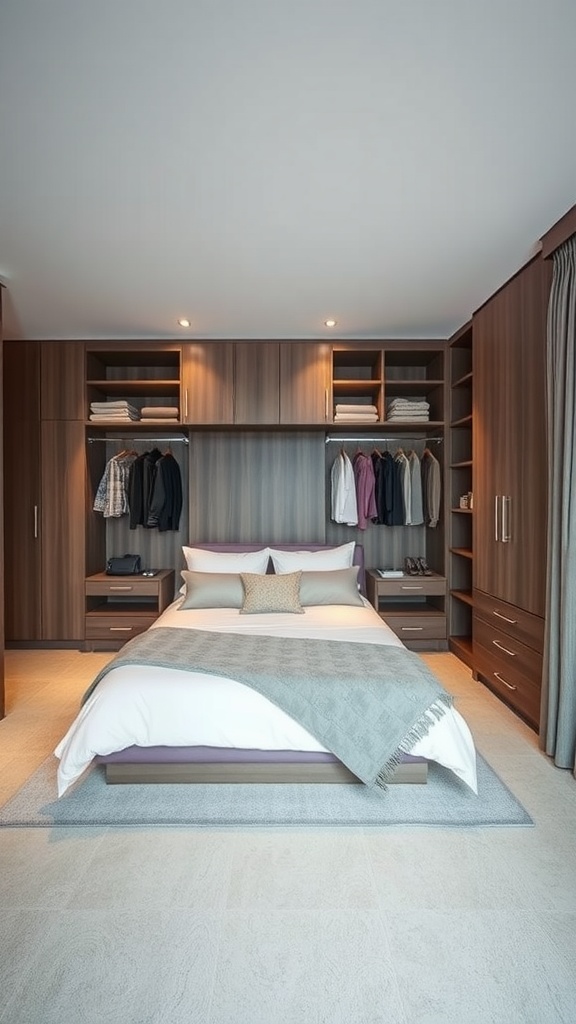 A split-level wardrobe design in a modern bedroom featuring wooden shelves and drawers.