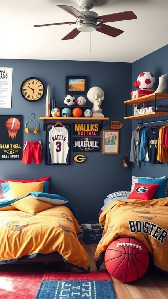 A sporty bedroom featuring blue walls, two beds with colorful bedding, sports memorabilia on shelves, and a basketball on the floor.