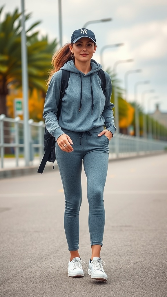 A young woman in a gray athleisure outfit walking outdoors, wearing a hoodie, leggings, and white sneakers, with a backpack and a baseball cap.