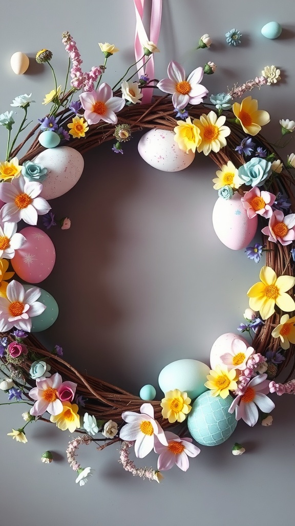 A colorful spring-themed wreath decorated with flowers and Easter eggs.