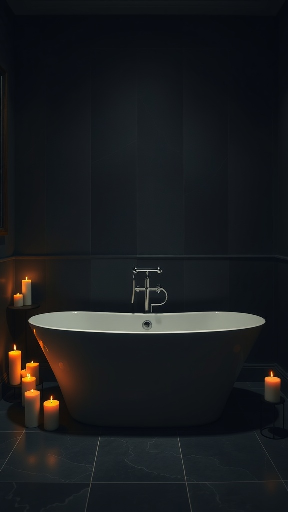 A dimly lit bathroom featuring a stylish statement bathtub surrounded by candles