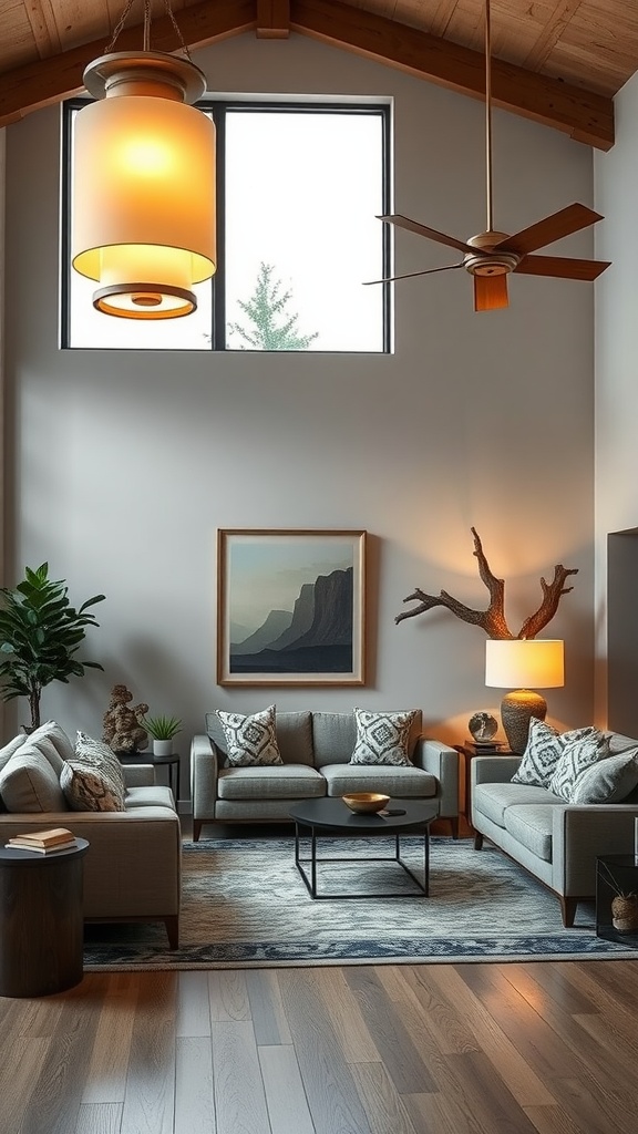 A modern western living room with stylish lighting fixtures including a pendant light and a ceiling fan.