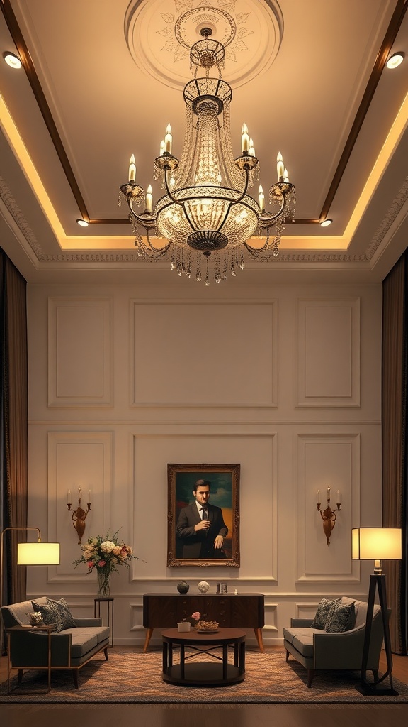 Elegant living room featuring a chandelier, stylish seating, and warm lighting.