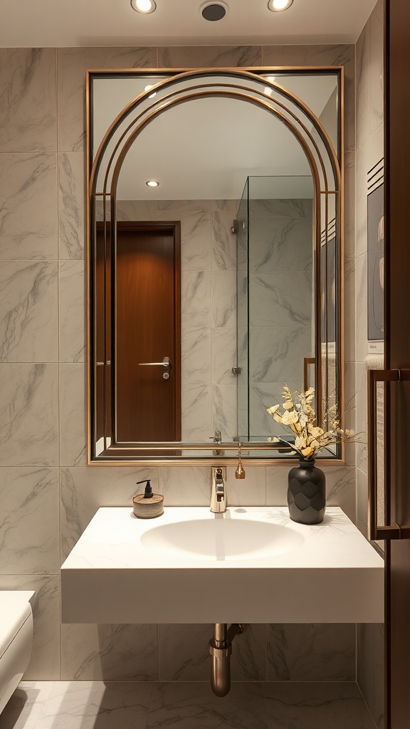 A stylish ensuite bathroom featuring a statement mirror with a gold frame, a modern sink, and decorative accessories.