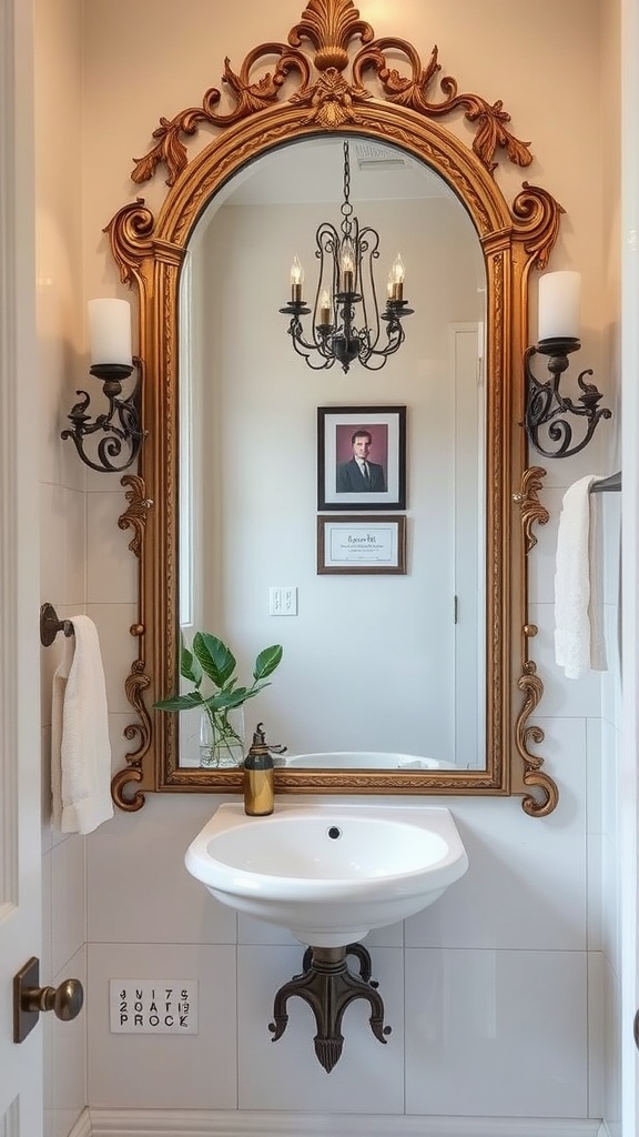 An ornate mirror in a small bathroom reflecting a stylish sink and decor.