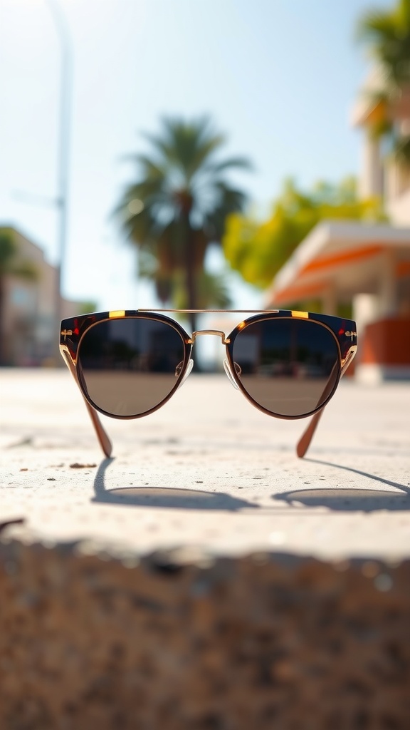 Stylish tortoiseshell sunglasses with colorful accents on a sunny street.