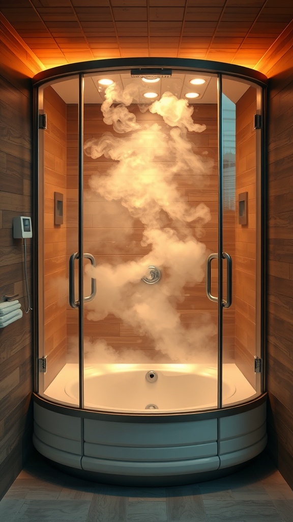 A modern steam shower with warm lighting and steam rising inside.