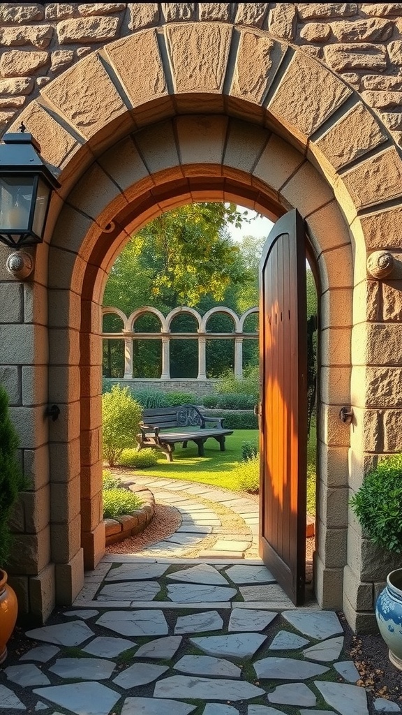 A stone archway with a rustic wooden door leading into a beautiful garden, featuring a bench and winding pathways.