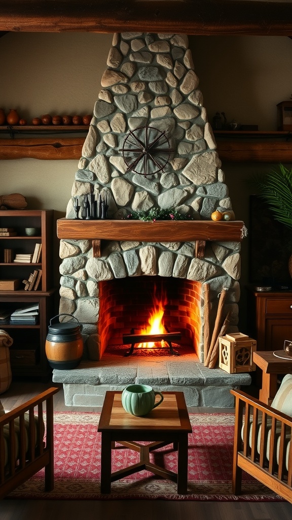 A cozy living room featuring a stone fireplace with a wooden mantel, wooden furniture, and a warm fire.