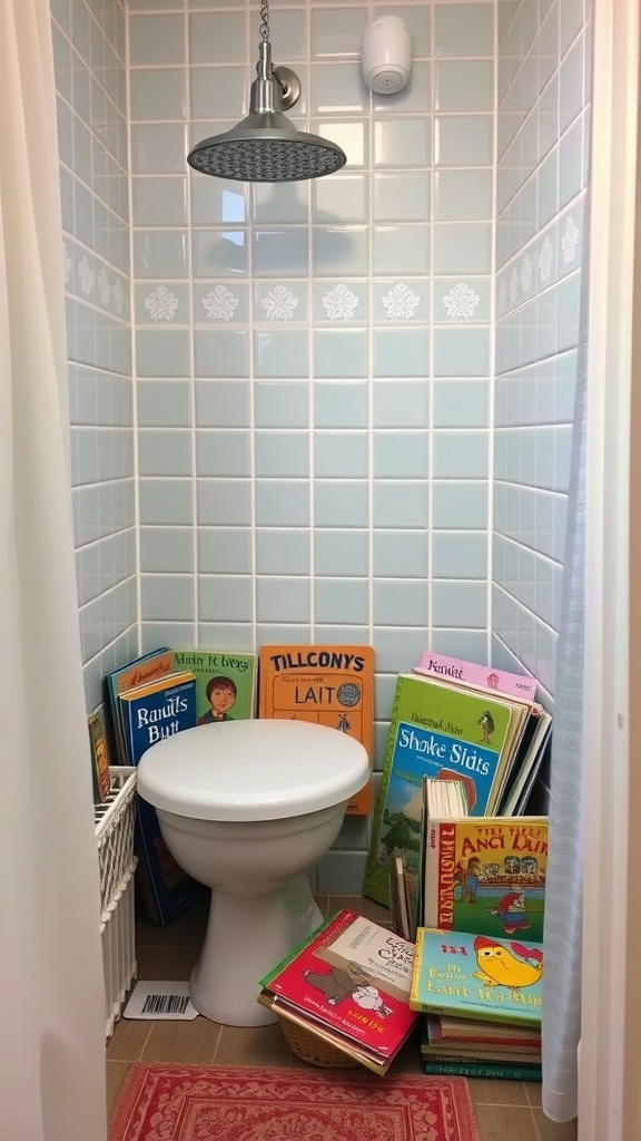 A creative reading corner with children's books arranged around a toilet in a bright tiled space.