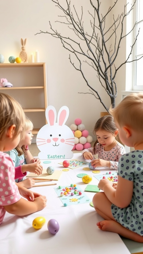 Children engaged in an Easter craft session with bunny decorations and colorful craft supplies.