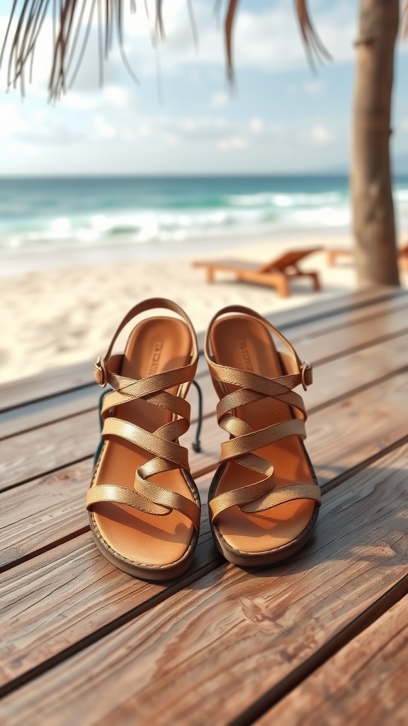 A pair of stylish strappy sandals on a wooden table with a beach in the background