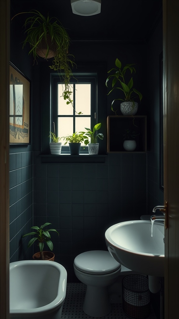 A small dark bathroom featuring various plants near the window and sink.