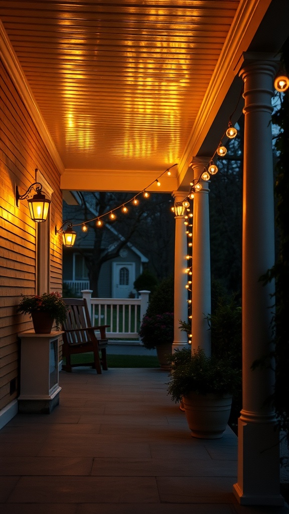 A cozy front porch adorned with string lights, creating a warm and inviting atmosphere.