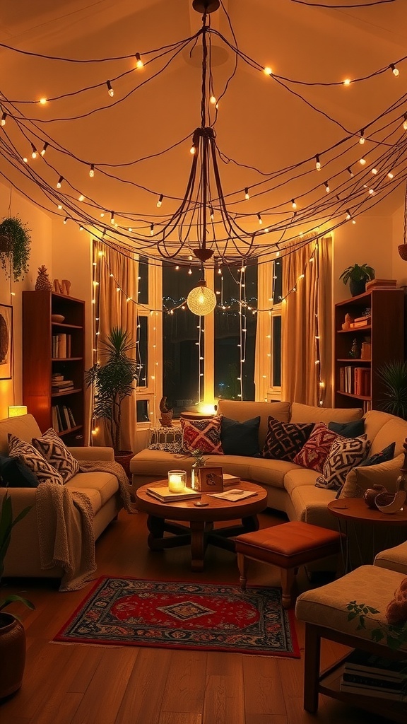 A cozy modern boho living room with string lights hanging from the ceiling, creating a warm ambiance.