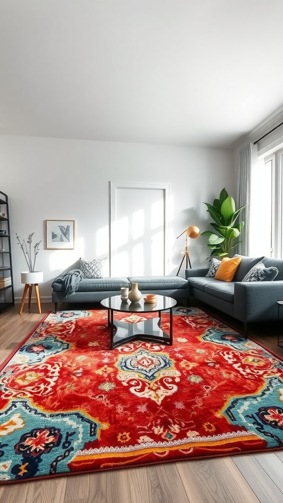 Living room with a dark gray couch and a vibrant red area rug featuring intricate patterns.