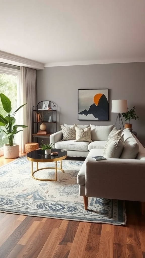 A stylish living room featuring a large decorative area rug with intricate designs, comfortable seating, and plants.