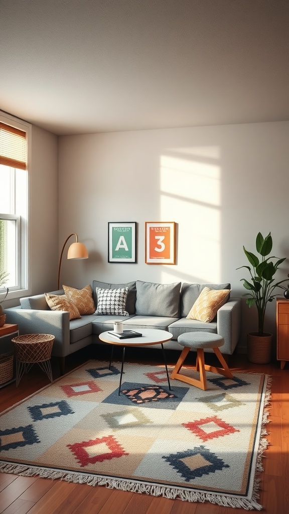 A stylish living room in a dorm featuring a colorful area rug, gray sofa with cushions, and a bright atmosphere.