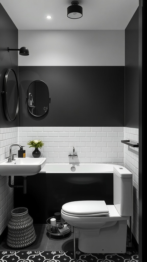 A modern black and white bathroom featuring a sink, toilet, mirrors, and decorative elements.